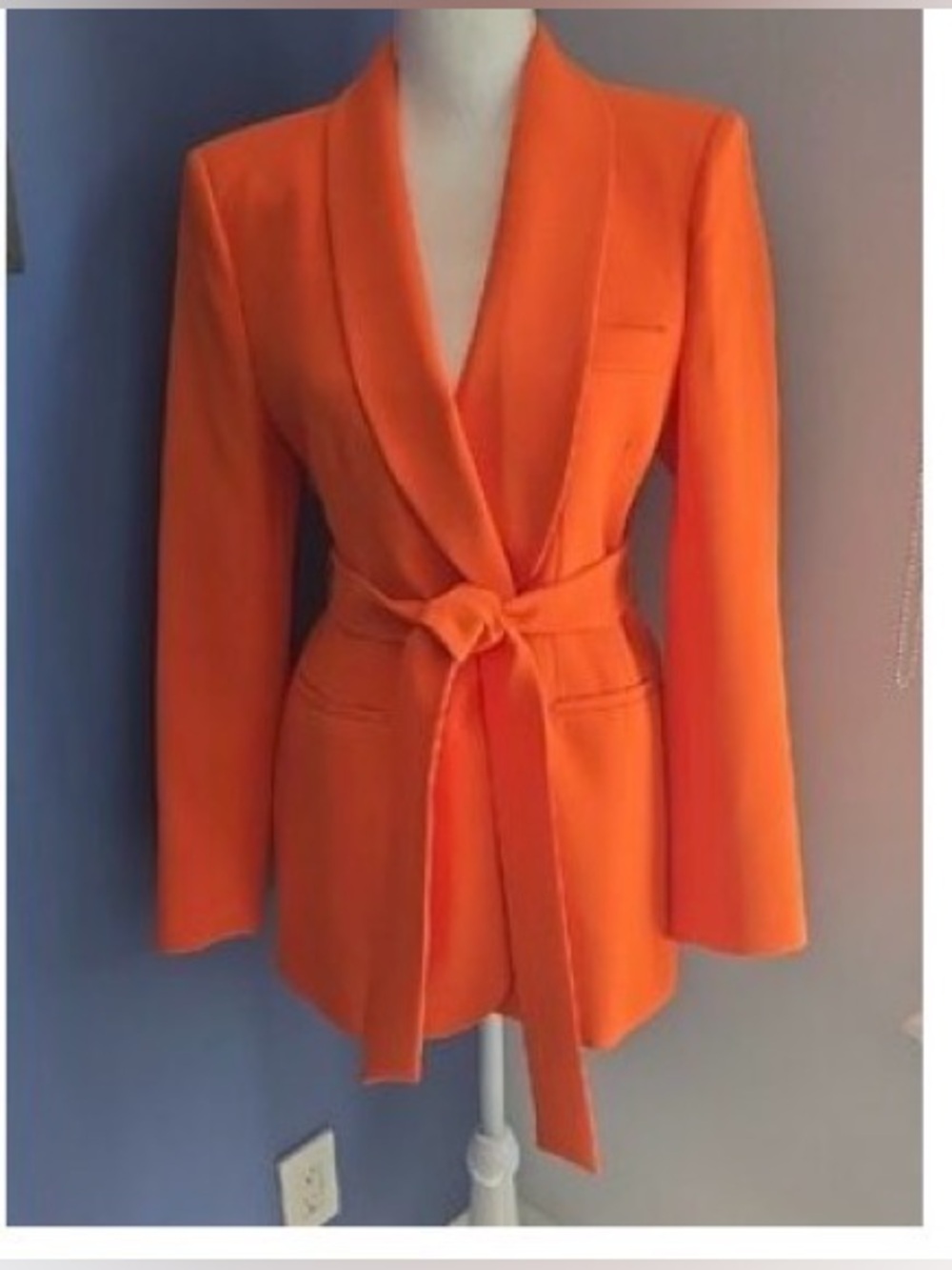 Zara BLAZER JACKET BRIGHT ORANGE Shawl Tuxedo Collar SZ L tie belt STUNNING COAT